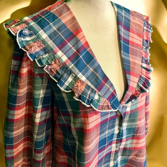 NWOT Free People ‘Molly Ruffle’ Top in “Pink / Blue Combo Plaid” Size XS - Picture 16 of 16